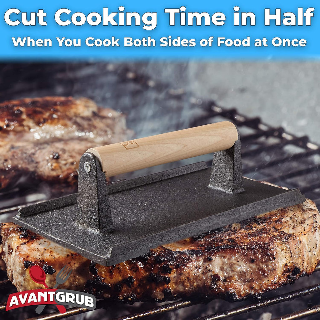 Pre Seasoned Cast Iron Grill Weight 3Pk Heavy Duty Steak and Burger Press with Wooden Handle Y69029