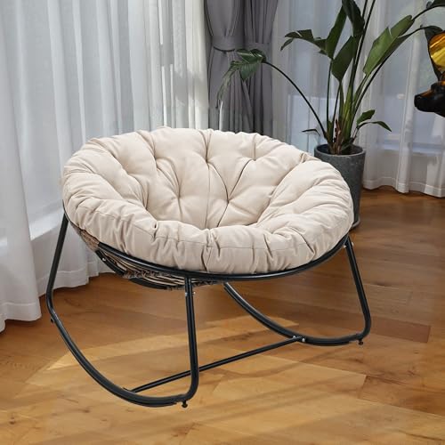 Oversized Wicker Rocking Chair with Beige Cushion R571