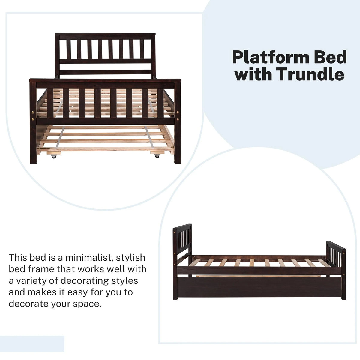 Twin Size Wood Platform Bed with Trundle and Headboard T665