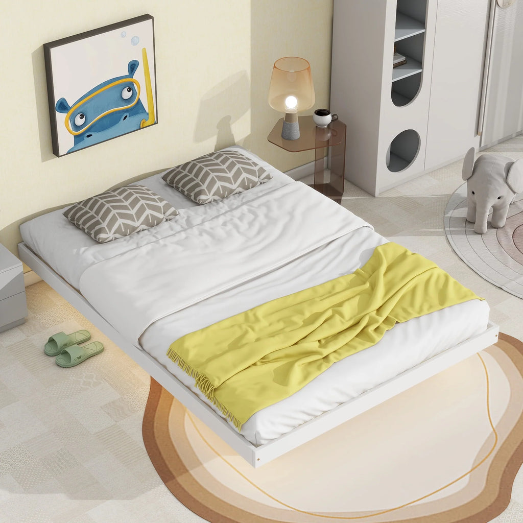 White Full Size Floating Bed Frame with LED Lights J431