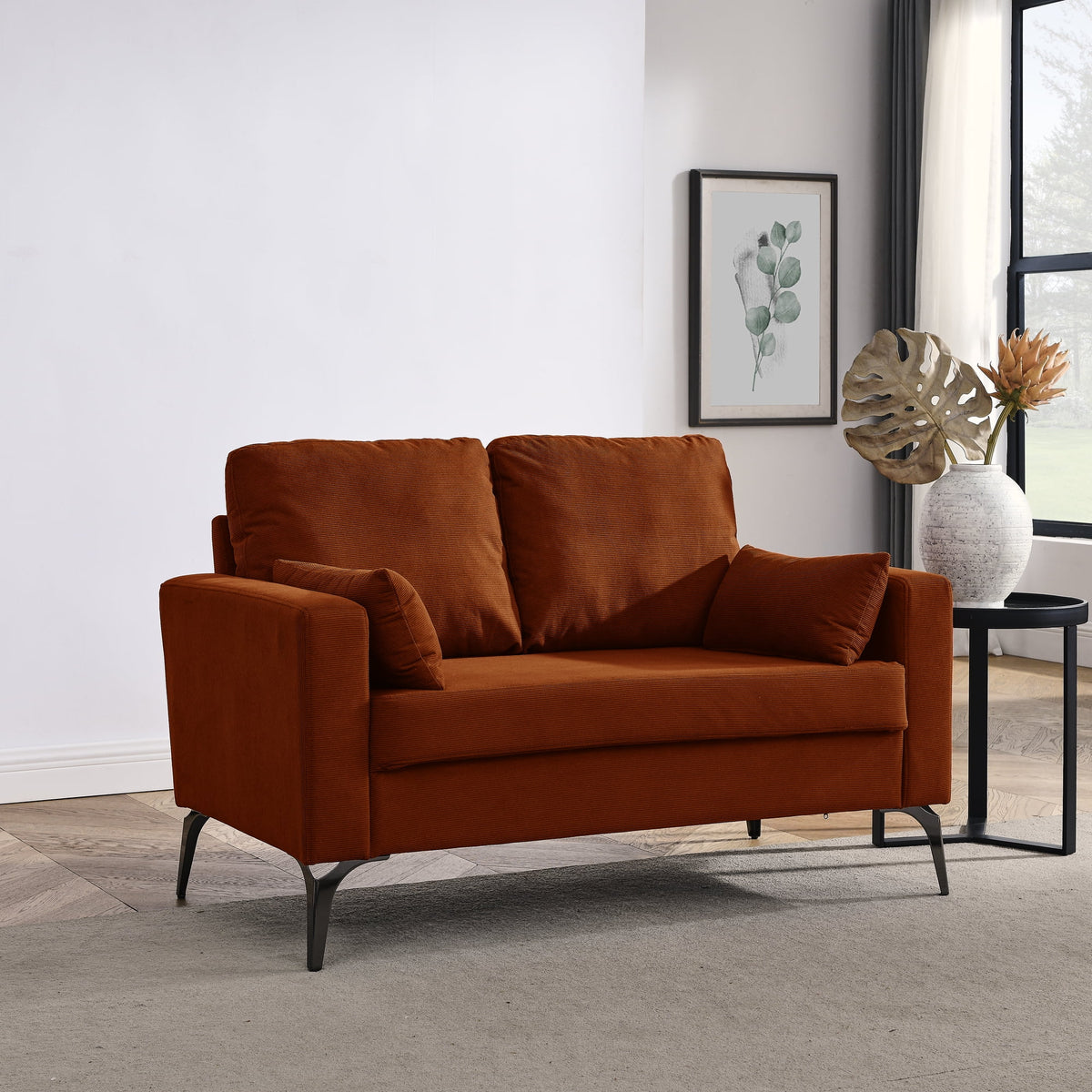 Orange Corduroy Loveseat Sofa with Square Arms Q57141