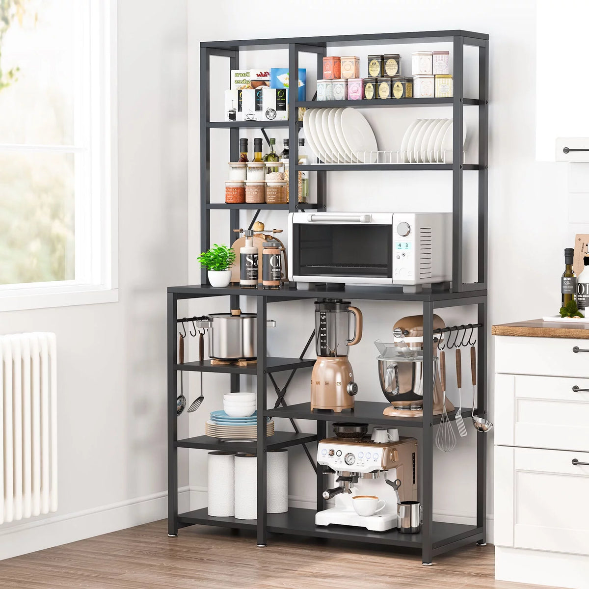 Black Kitchen Bakers Rack with Hutch M794448