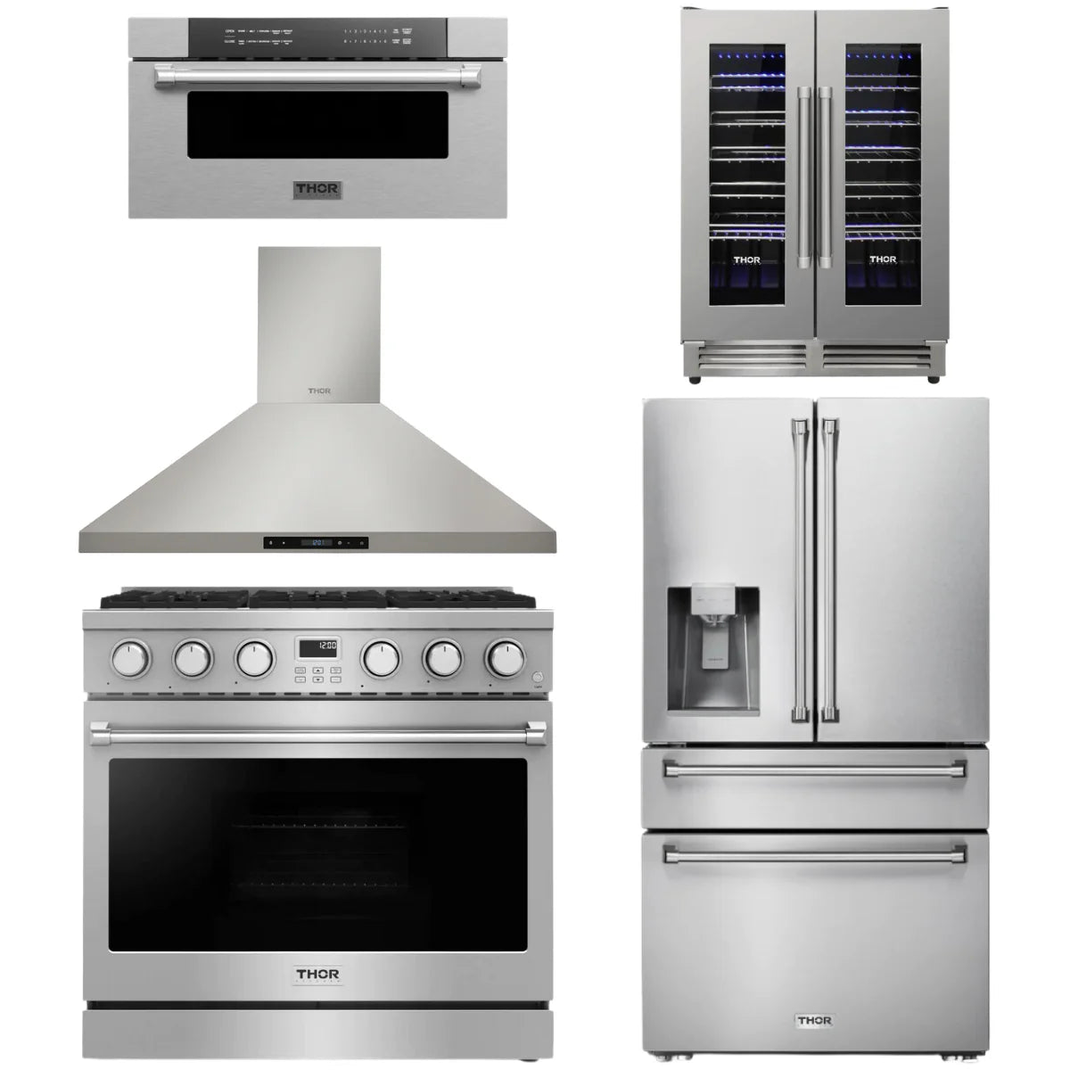 36 Gas Range, Range Hood, Refrigerator, Microwave and Wine Cooler V3491