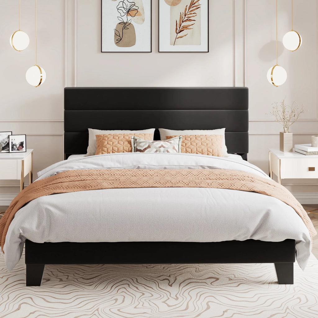 Queen Size Black Velvet Upholstered Platform Bed Frame with Headboard X15335