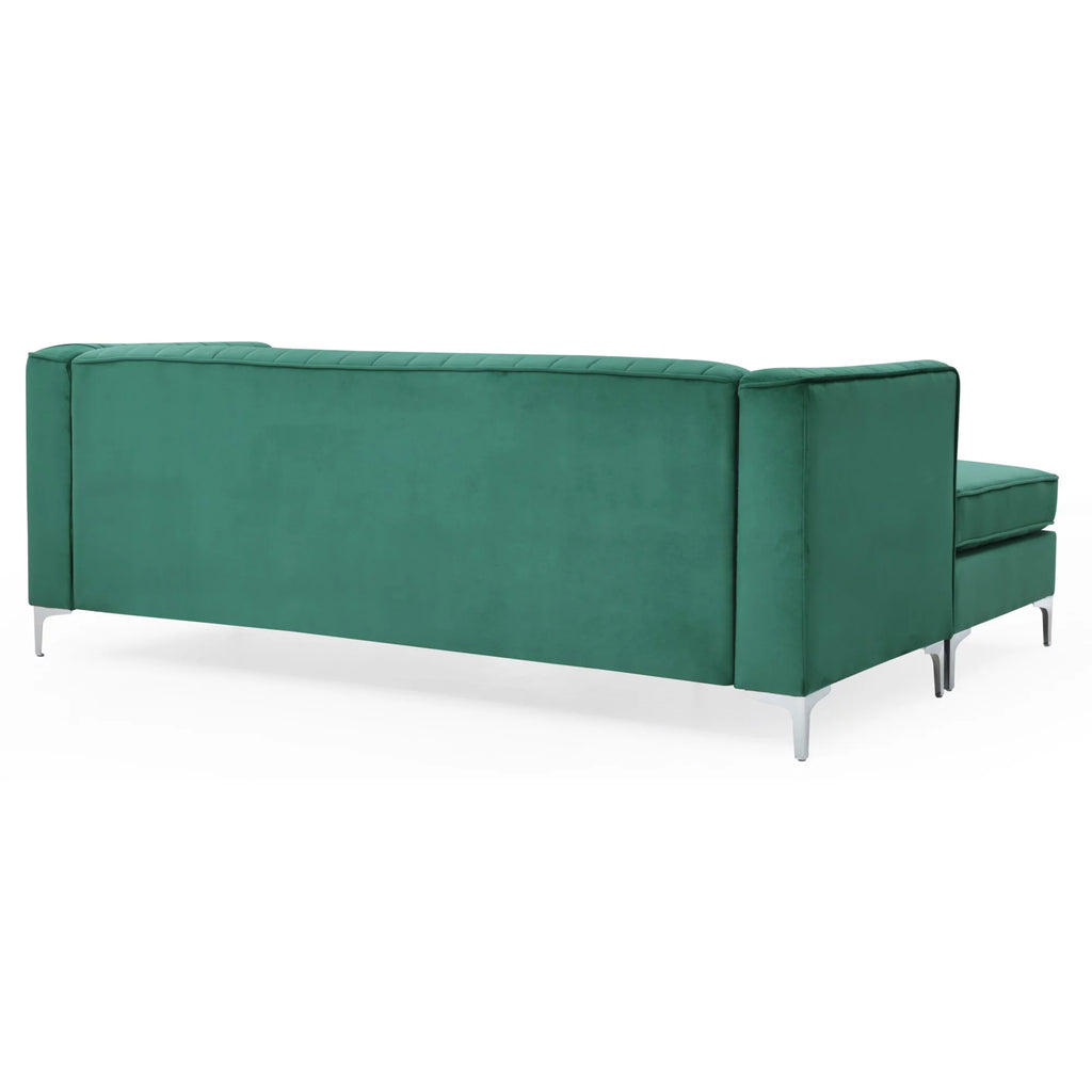 Green Velvet L-Shape 3-Seater Sectional Sofa with 2-Throw Pillow N905144