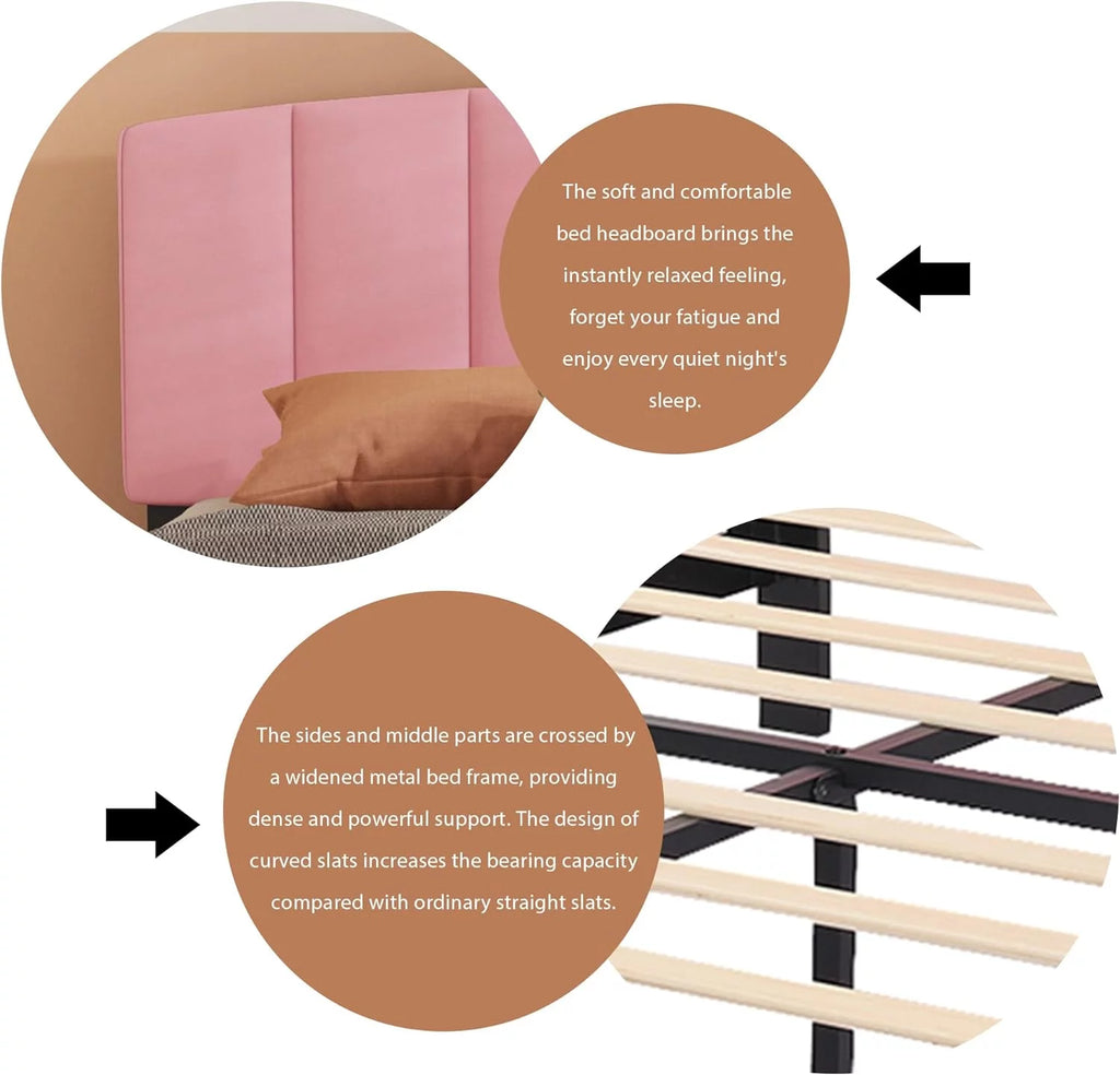 King Size Upholstered Platform Bed Frame with Headboard, Pink K738969