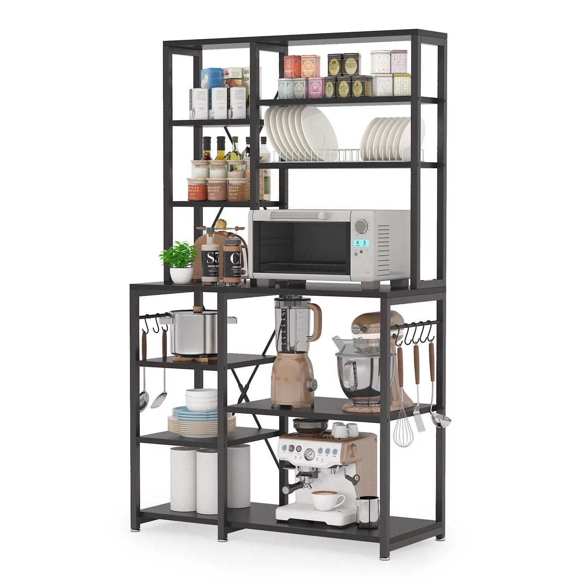 Black Kitchen Bakers Rack with Hutch M794448