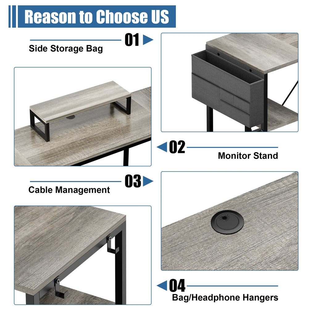 95" Grey Reversible L-Shaped Wood & Metal Computer Desk J1919