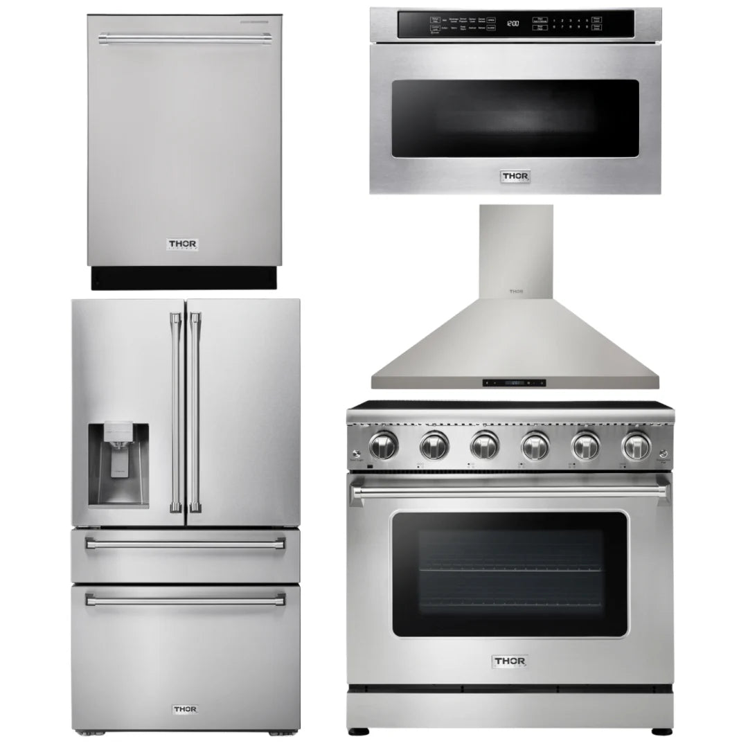 36 Electric Range, Range Hood, Microwave, Refrigerator with Water and Ice Dispenser, Dishwasher E117