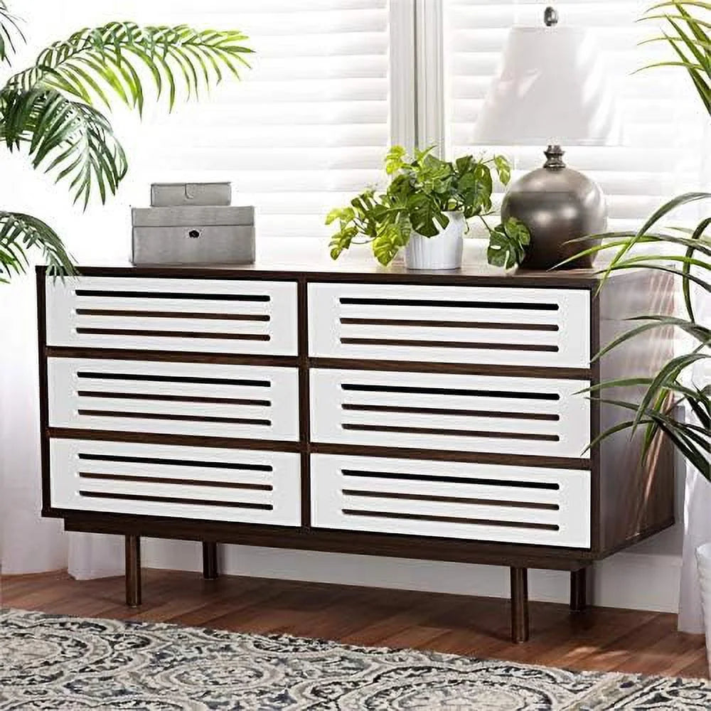 White and Walnut Brown 6-Drawer Wood Dresser S40484