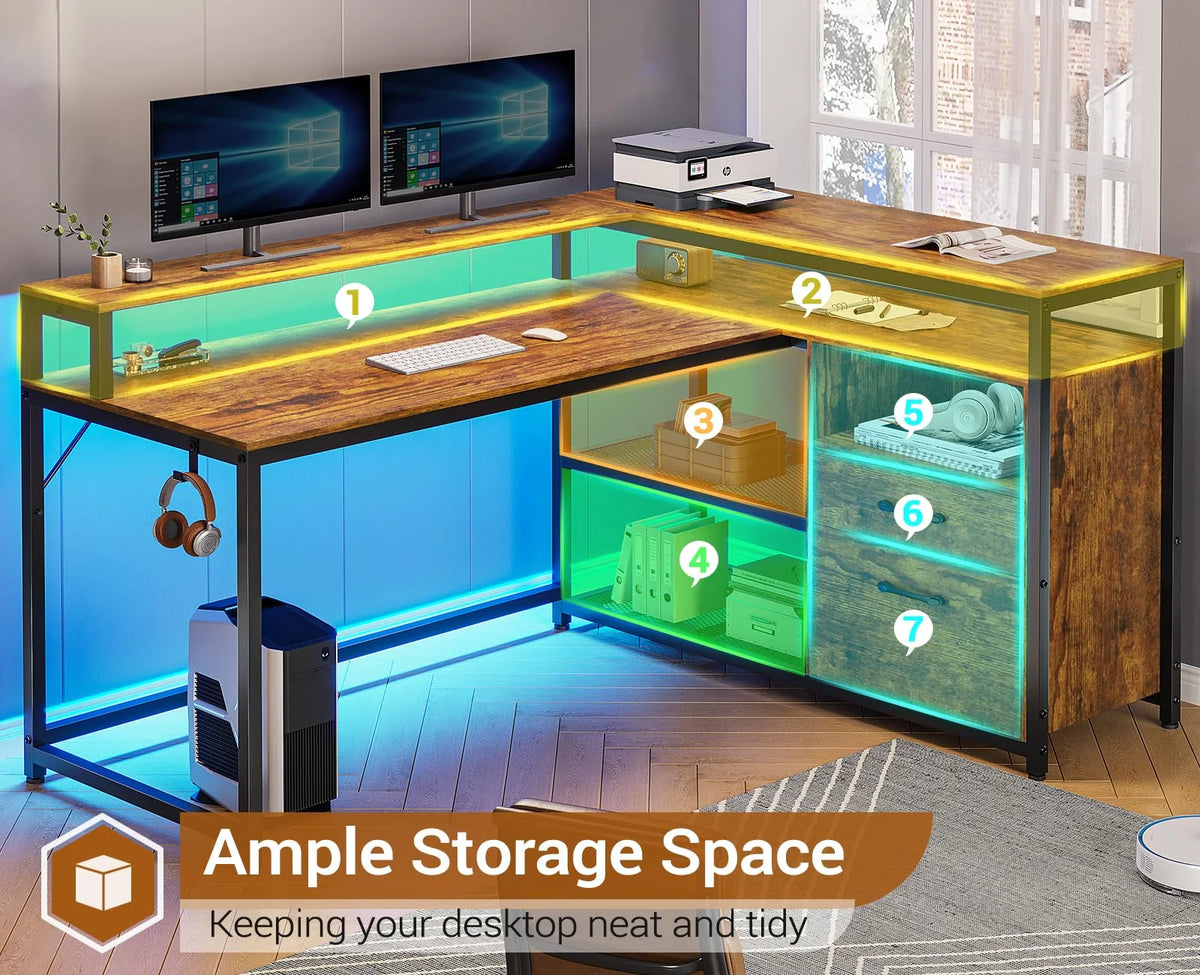 Brown L Shaped Computer Desk with LED Lights and 2 Drawers J62224