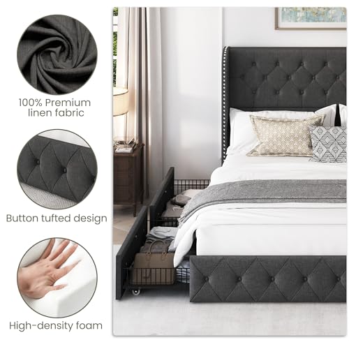 King Size Linen Upholstered Bed Frame with 4 Storage Drawers G846