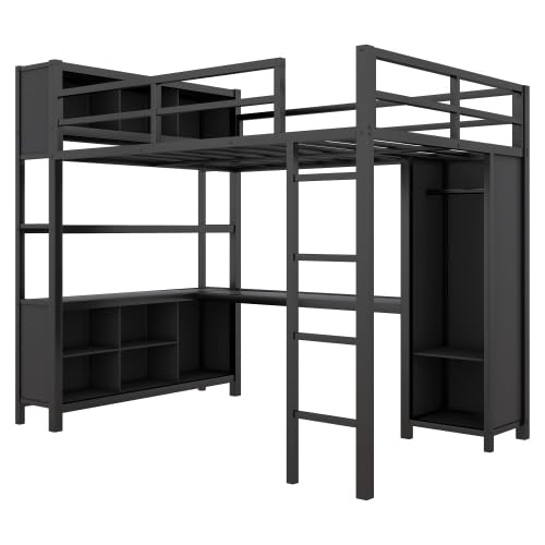 Black Full Size Metal Loft Bed with Wardrobe and L-Shaped Desk N8982