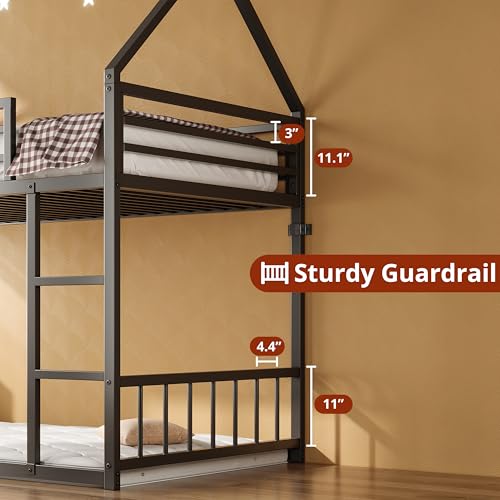Twin Over Twin Bunk Bed with Ladder and Guardrail Black X638283