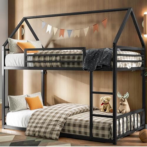 Twin Over Twin Bunk Bed with Ladder and Guardrail Black X638283