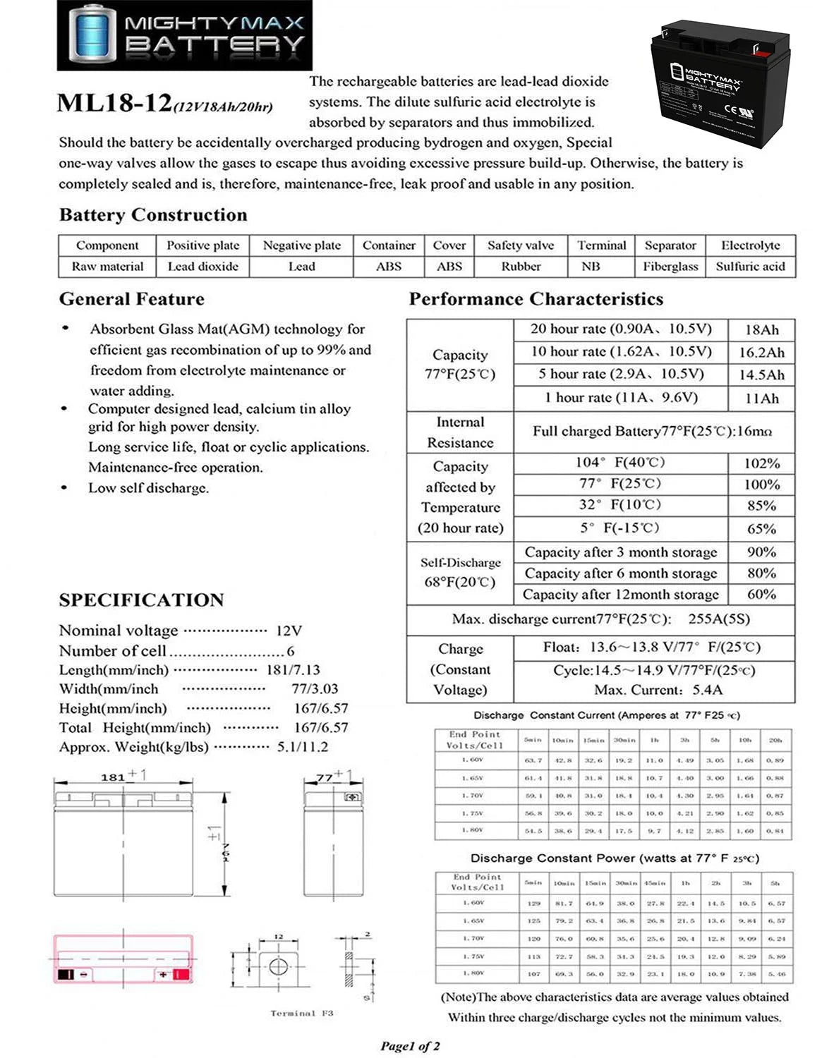 12V 18AH SLA AGM Rechargeable Battery D940