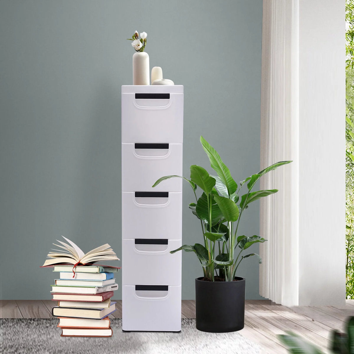 White Narrow Plastic 5 Drawer Dresser with Wheels D941