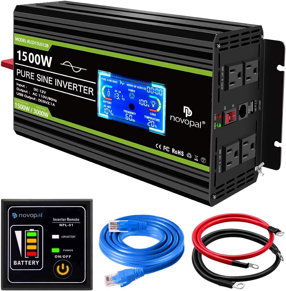 1500 watt Pure Sine Wave Power Inverter 12V to 110V/120V 4 AC Outlets X802
