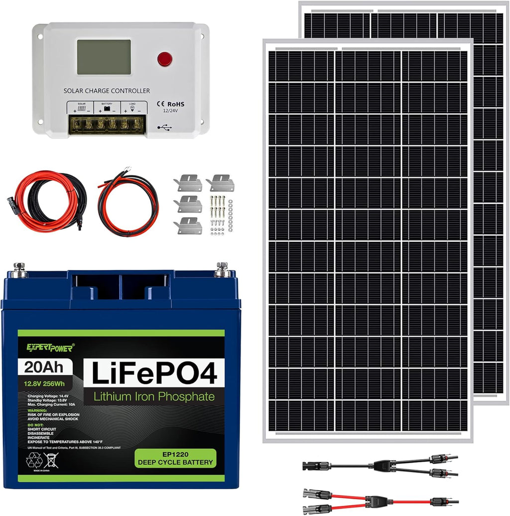 200W 12V Solar Power Kit with 200W Mono Rigid Solar Panels and 20A MPPT Solar Charge Controller W531