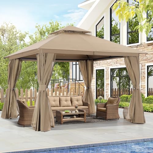 Dark Grey 9x9 Double Roof Patio Gazebo with Mosquito Netting and Curtain T171091