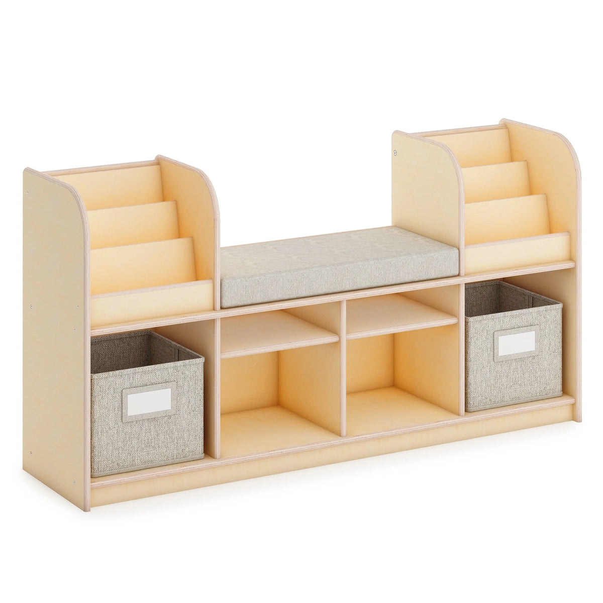 Natural Kid's Book and Toy Storage Reading Bench with Fabric Bins A691