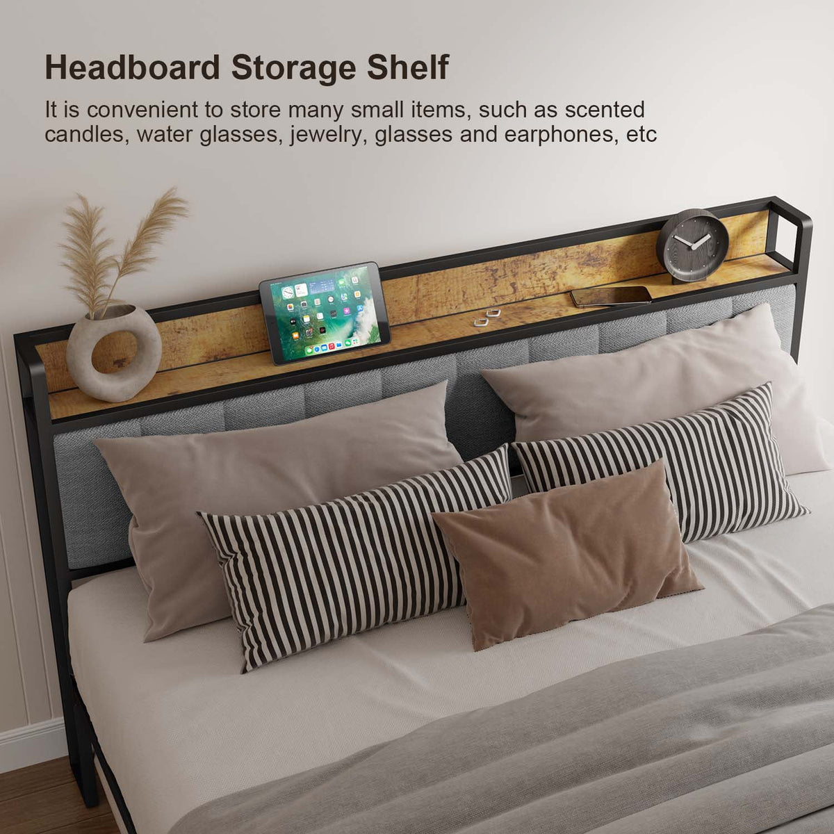 King Bed Frame with Storage Headboard N1593