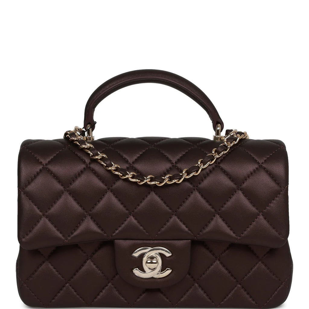 Burgundy Lambskin Mini Rectangular Flap Bag with Top Handle L34739