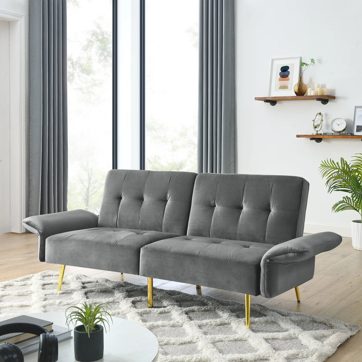 78" Grey Velvet Futon Sofa Bed Convertible Sleeper Loveseat D92739