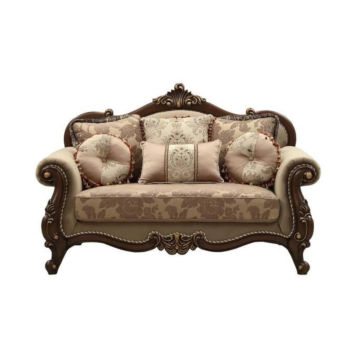 Fabric Walnut Loveseat with 6 Pillows E7926