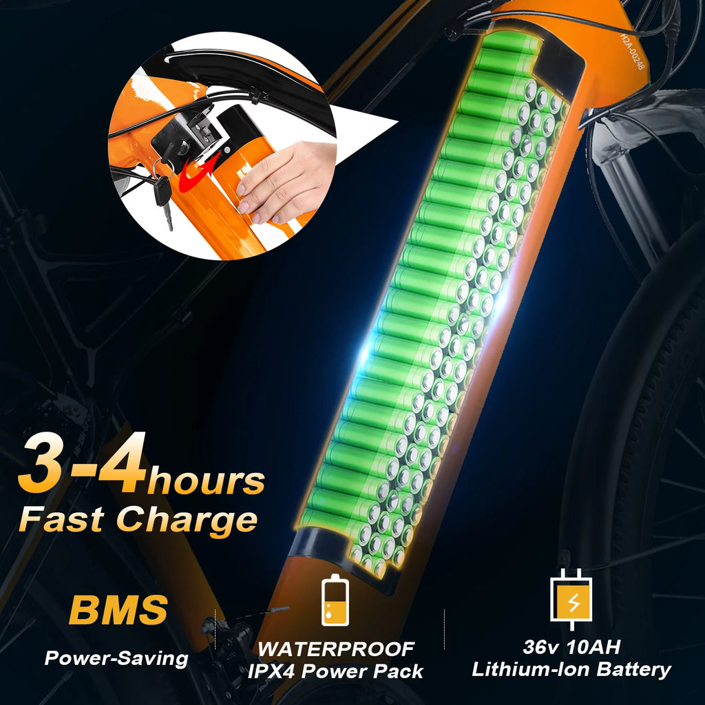Electric Bike 26 350W Mountain Bicycle 36V 10Ah Removable Battery 21-Speed Orange F109212