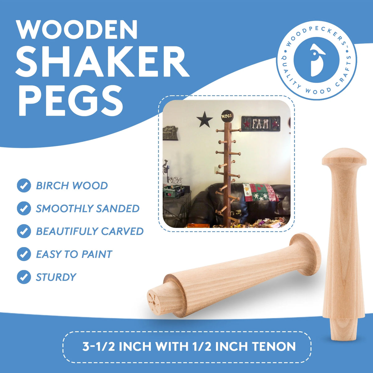 3-1/2 Inch Unfinished Wooden Shaker Pegs, Bag of 35 I570