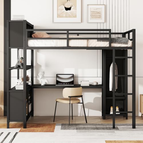 Black Full Size Metal Loft Bed with Wardrobe and L-Shaped Desk N8982