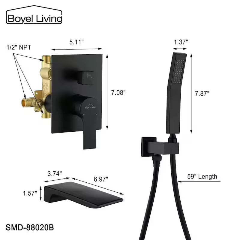 Wall Mount Roman Tub Faucet with Hand Shower Matte Black E97677