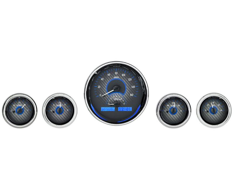 Universal 5 Round Analog Gauge Kit Carbon Fiber Blue N999126