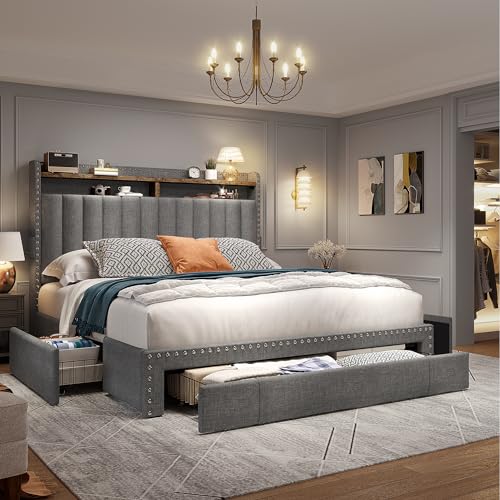 Queen Size Upholstered Bed Frame with 3 Storage Drawers D6682