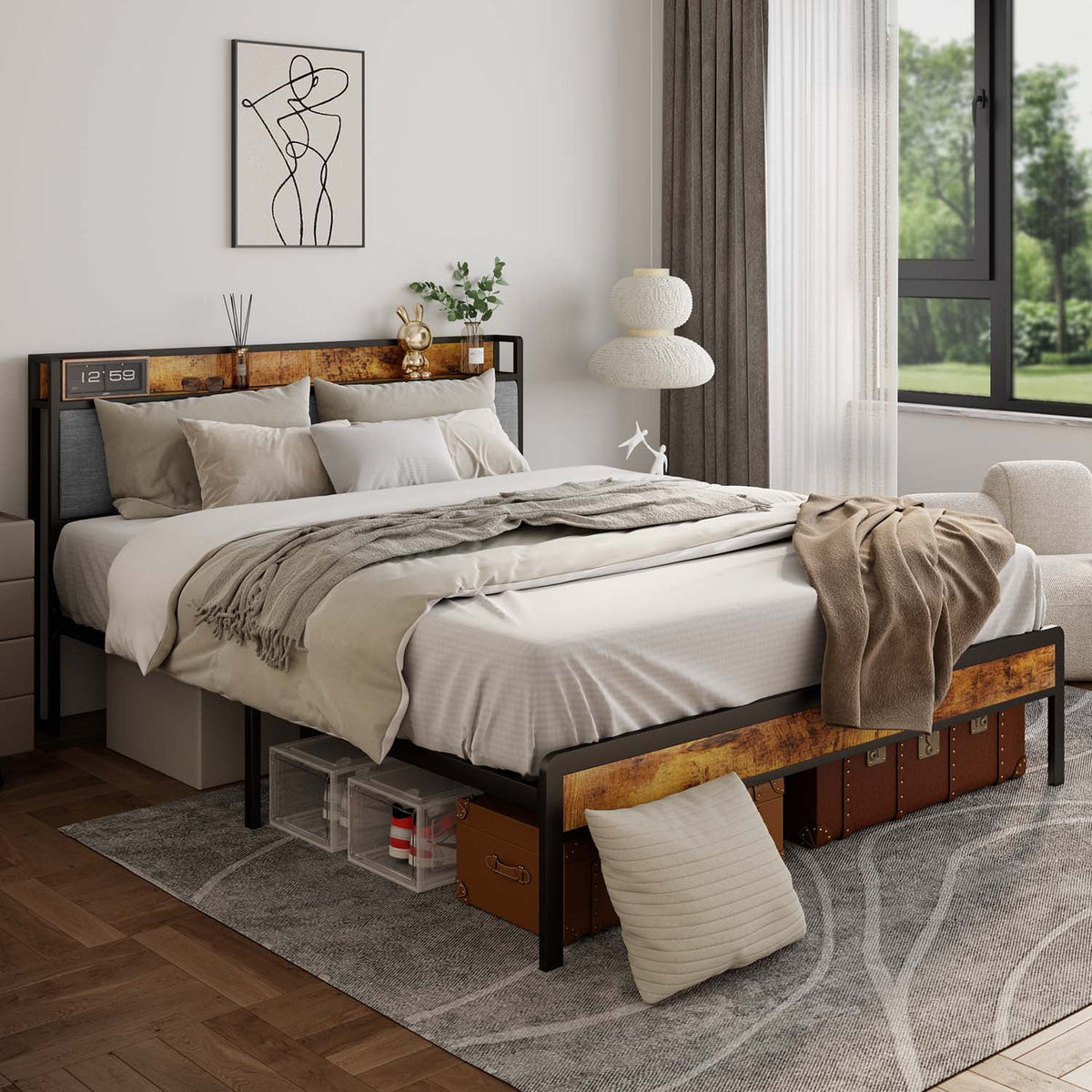 King Bed Frame with Storage Headboard N1593