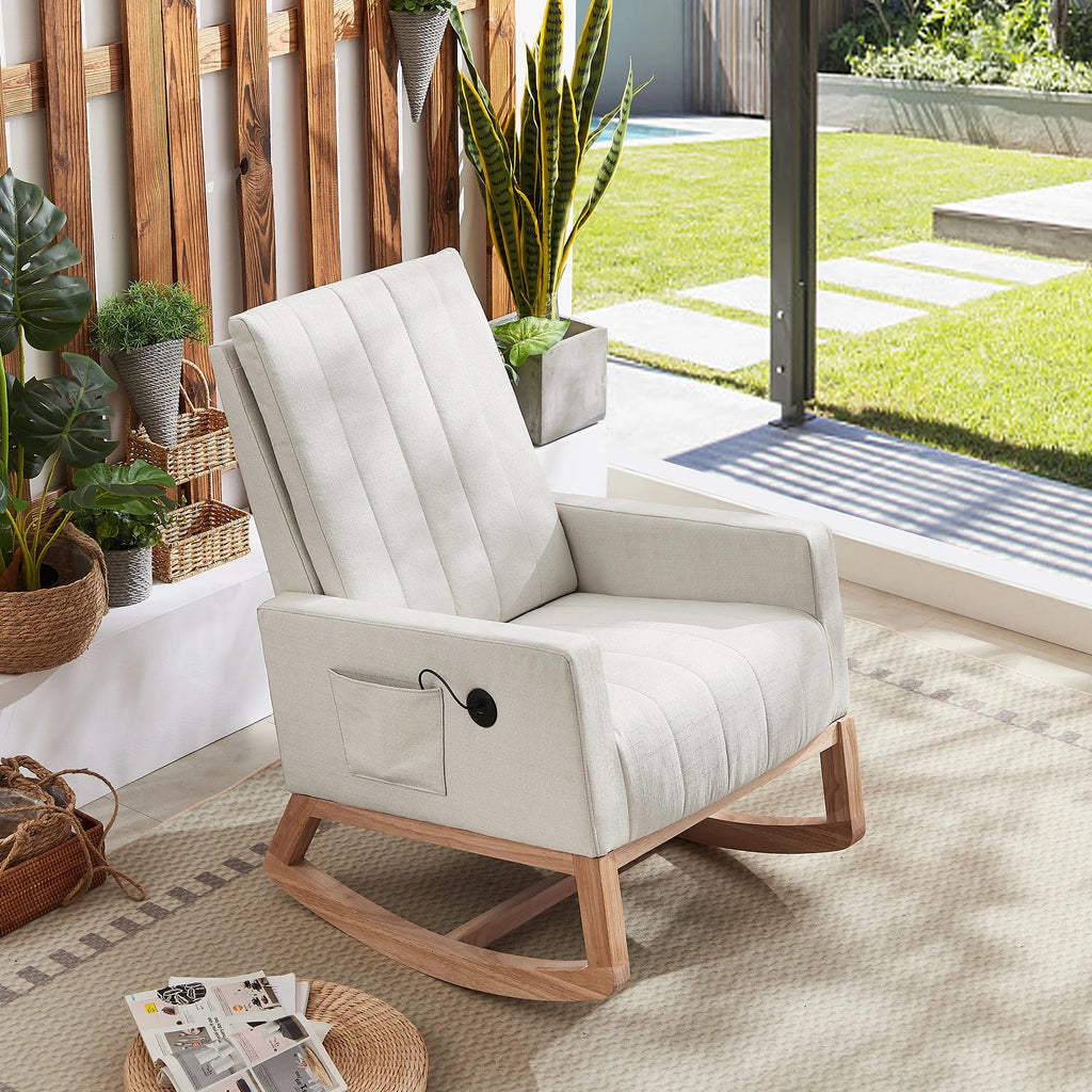 Mid-Century Rocking Nursery Chair with USB Ports and Storage Pockets H962