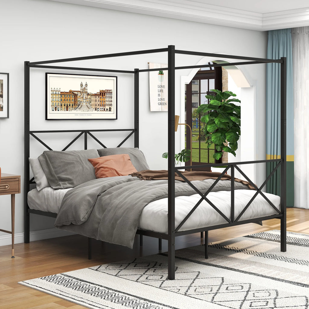 Queen Black Metal Canopy Platform Bed Frame R255