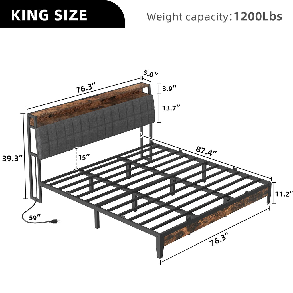 Full Size Upholstered Platform Bed Frame with Charging Station E96709