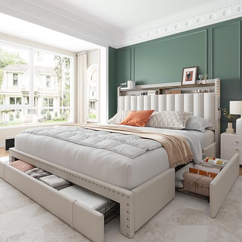 Queen Size Upholstered Bed Frame with 3 Storage Drawers D6682