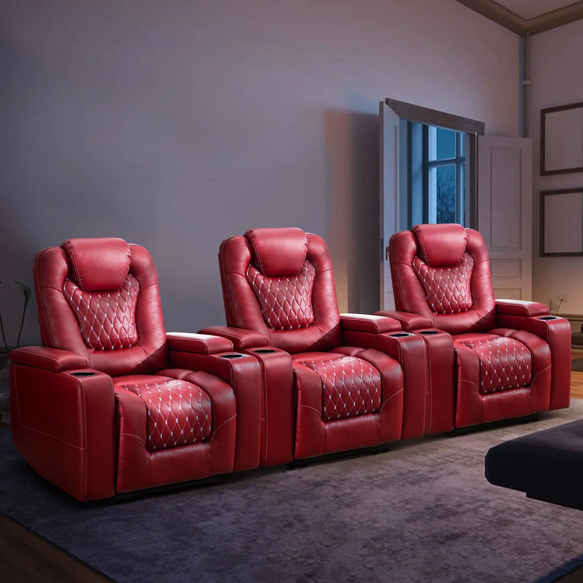Black PU Leather Reclining Home Theater Seating with USB Ports and Cup Holders K27228