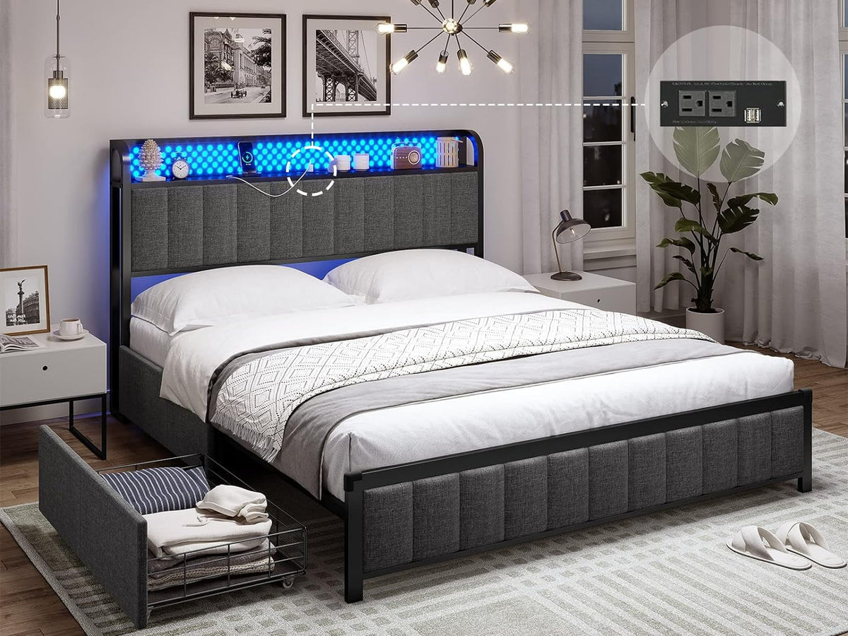 Queen Size Upholstered Platform Bed with LED Headboard and 4 Drawers L27831