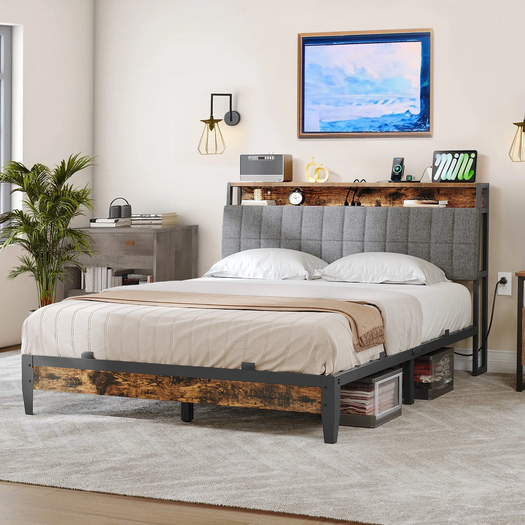 Full Size Upholstered Platform Bed Frame with Charging Station E96709