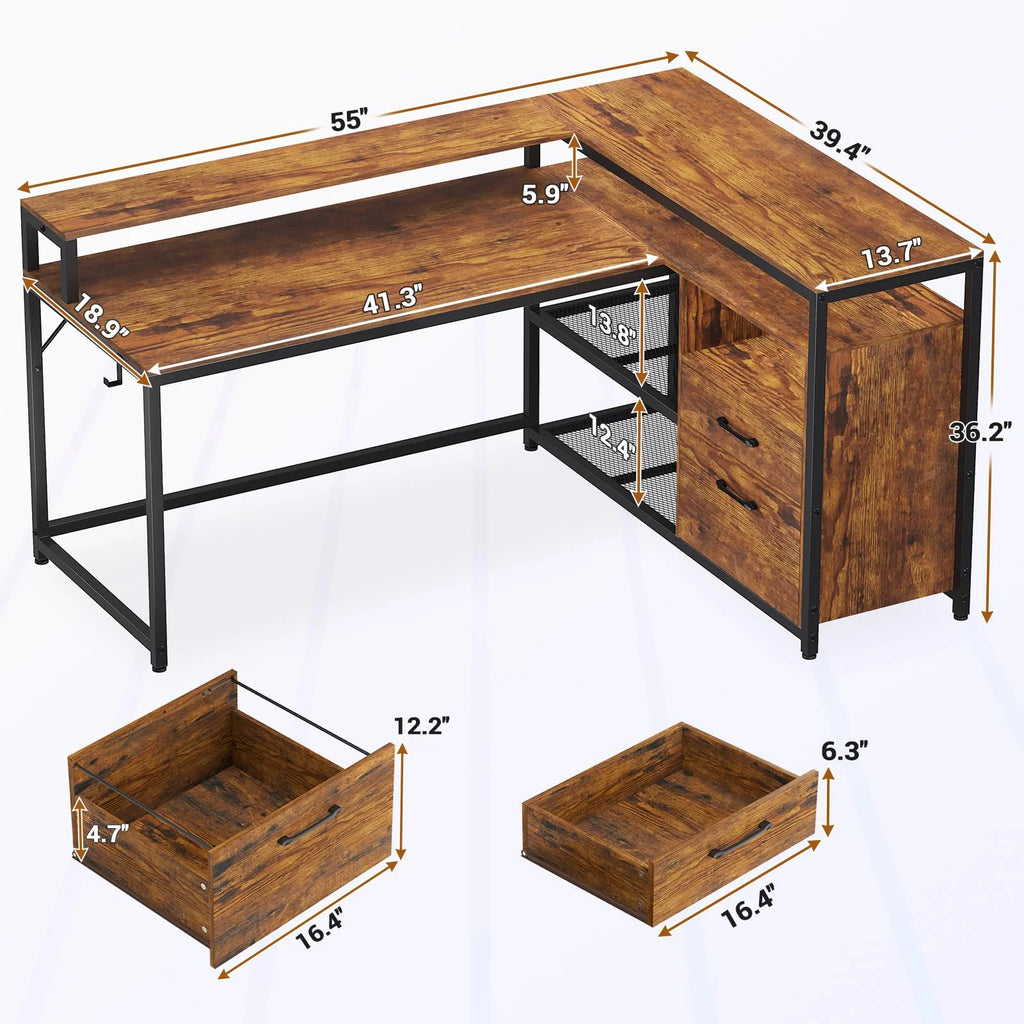 Brown L Shaped Computer Desk with LED Lights and 2 Drawers J62224