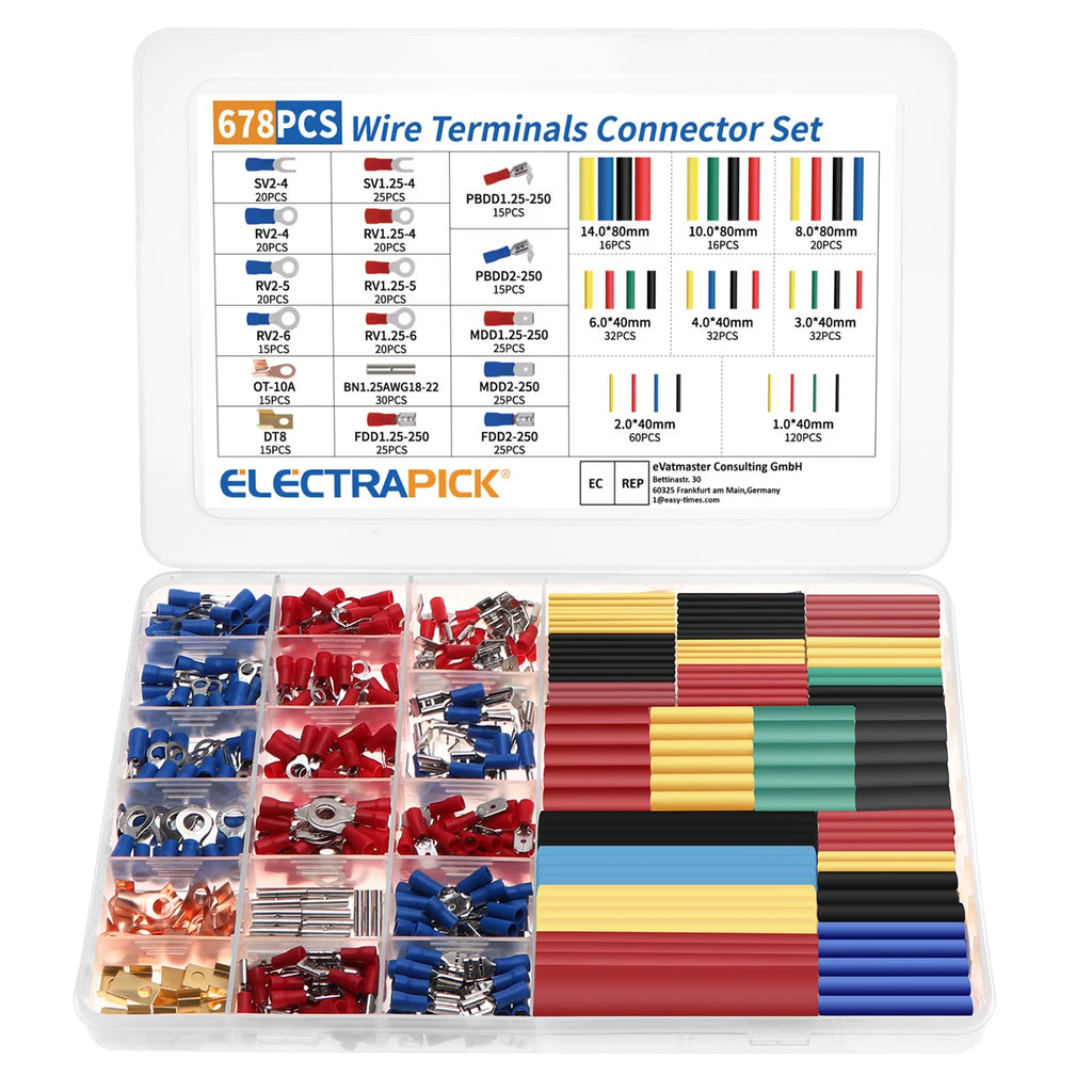 678Pcs Electrical Connector Kit Crimp Terminal Heat Shrink Tube Wire Connectors L566572