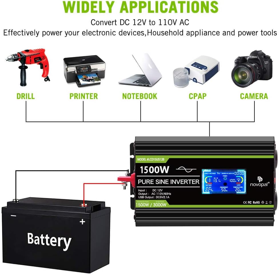 1500 watt Pure Sine Wave Power Inverter 12V to 110V/120V 4 AC Outlets X802