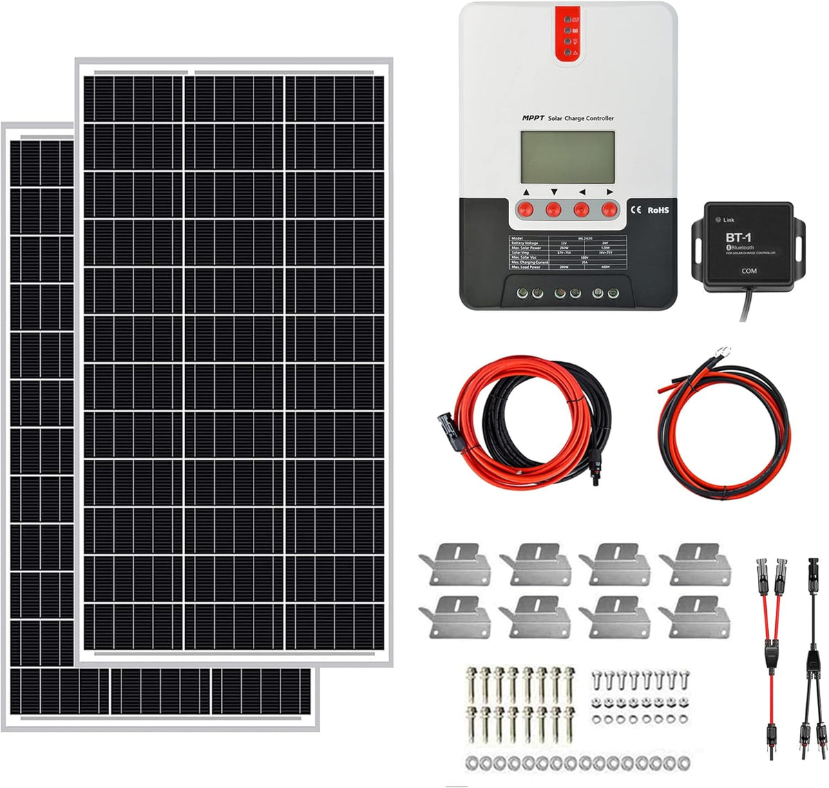 200W 12V Solar Power Kit with 200W Mono Rigid Solar Panels and 20A MPPT Solar Charge Controller W531