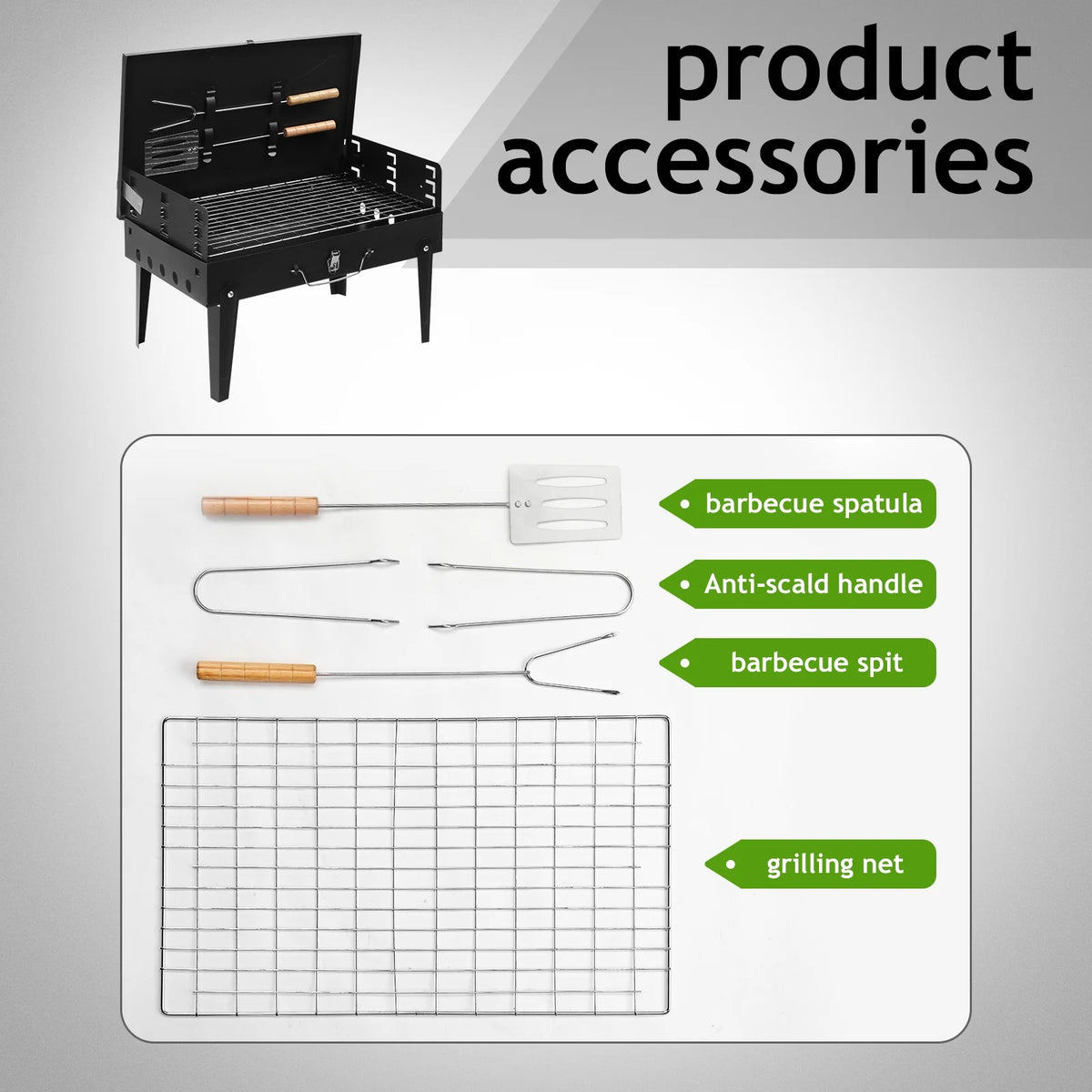 Portable Square Charcoal Grill with Fork and Shovel, Black O4999