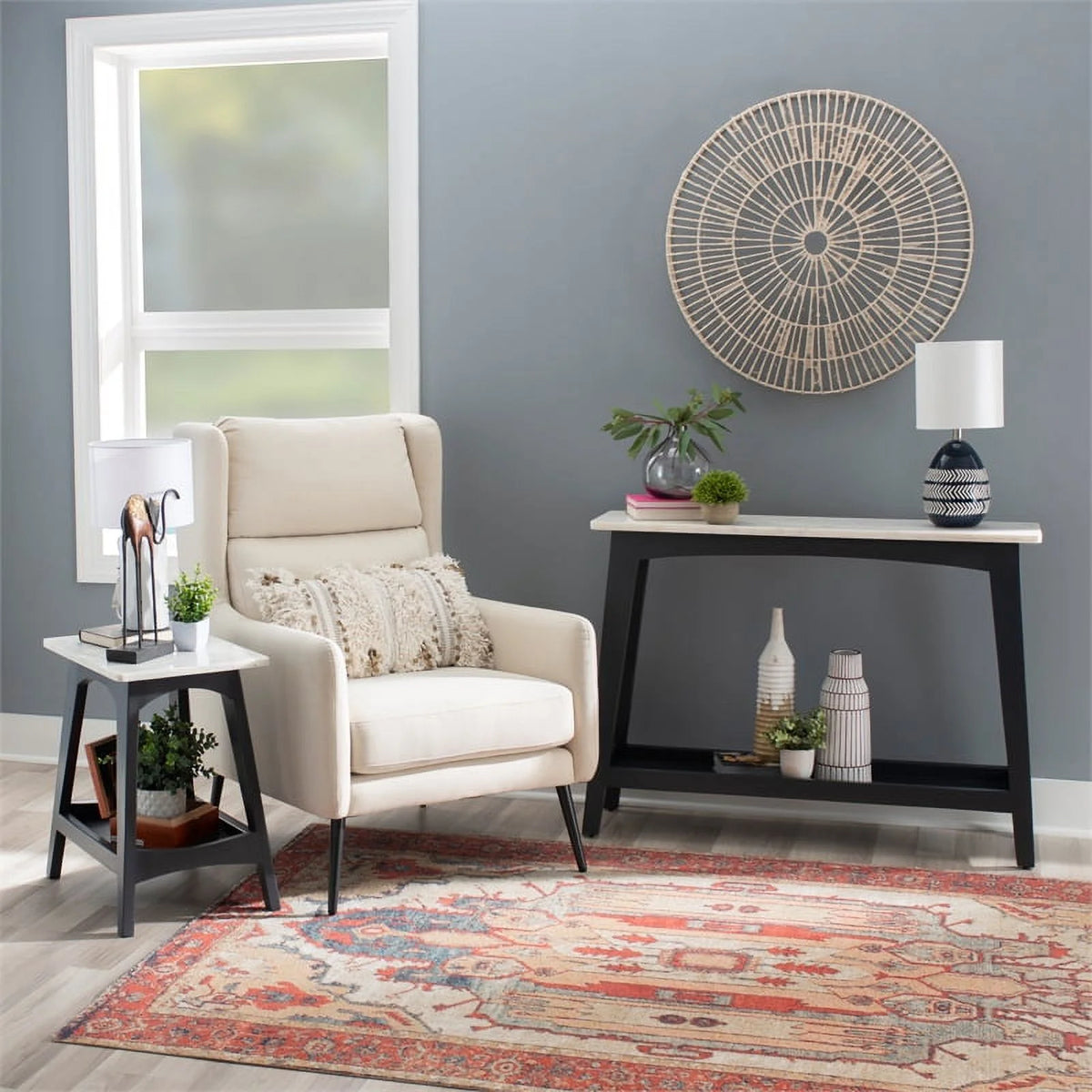 Gray Marble and Wood Side Table L35416