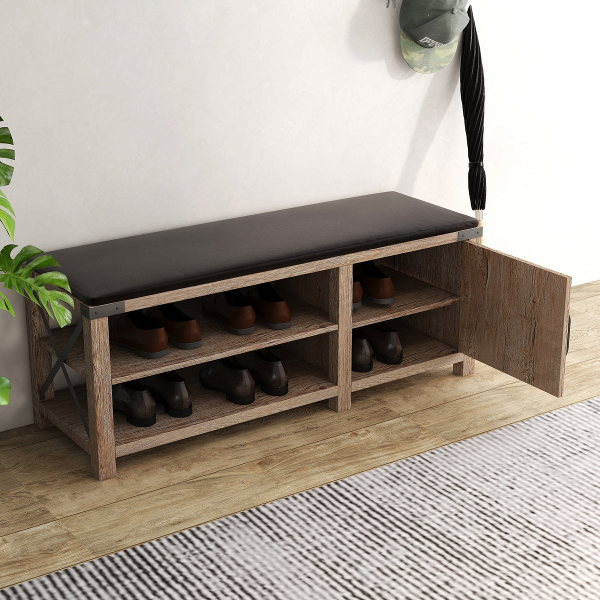 Light Brown 2-Tier Shoe Storage Bench with Cushion Seat C774864